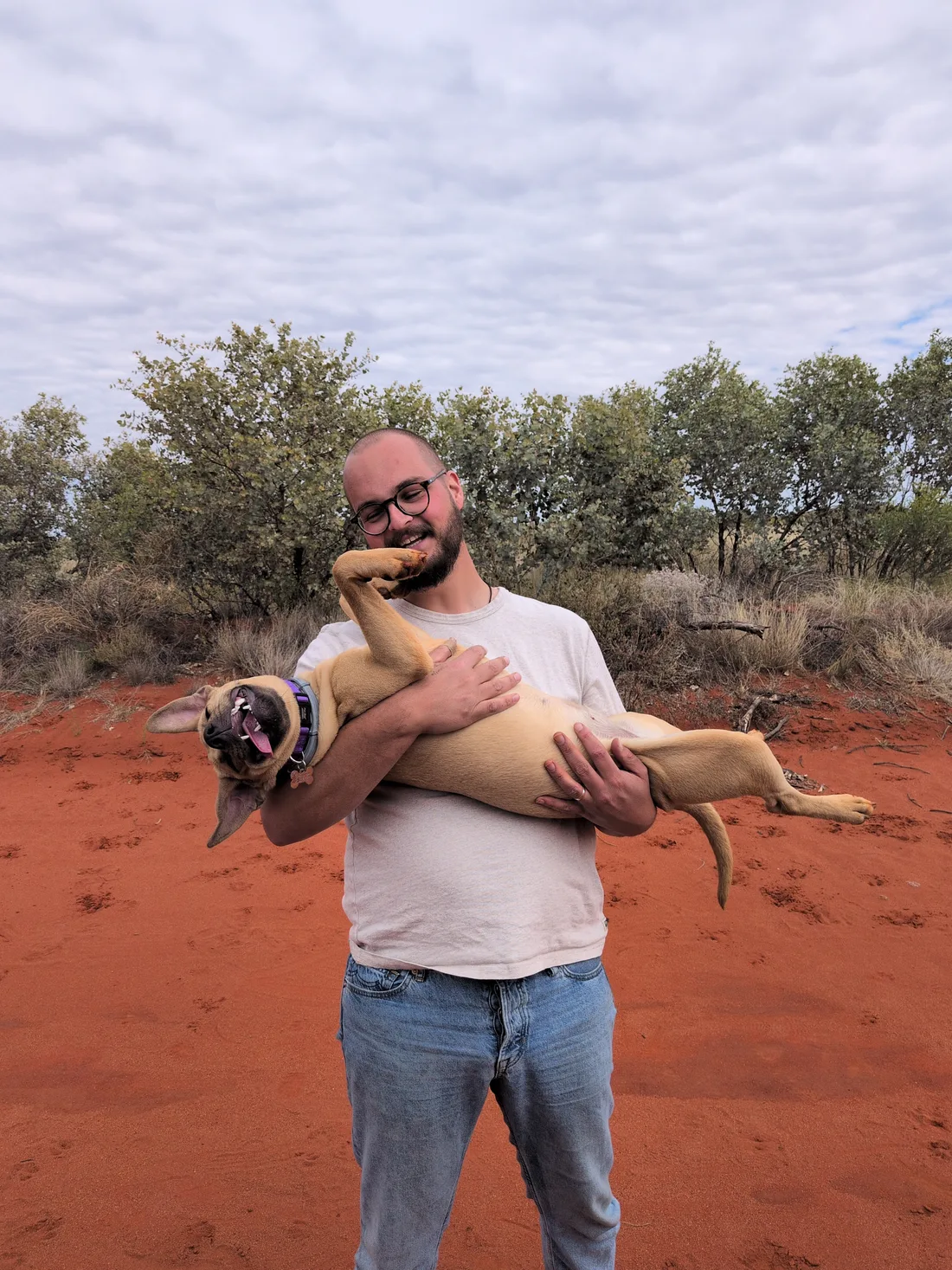 A person stands on red desert sand, laughing, cradling a large tan dog on its back in their arms. The dog's mouth is open in a grin with its tongue out, one paw raised, wearing a purple collar with a bone-shaped tag. Green scrub and cloudy sky behind.